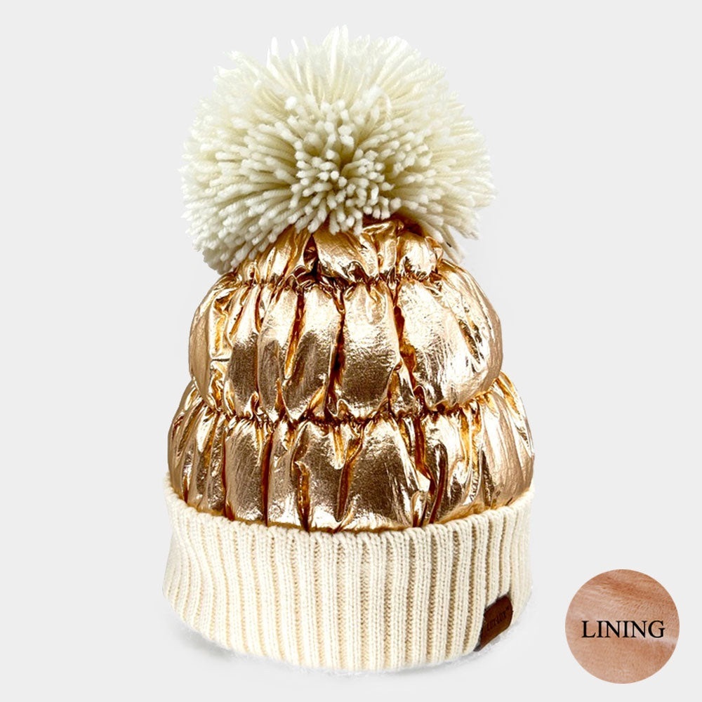 Knit Top Metallic Puffer Beanie Gold